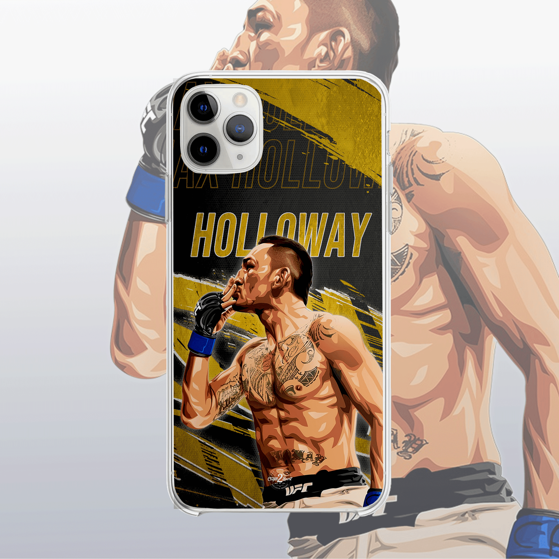 Coque Max Holloway Gold Edition – fond doré moderne et visuel intense, reflet de son rythme et de sa précision.