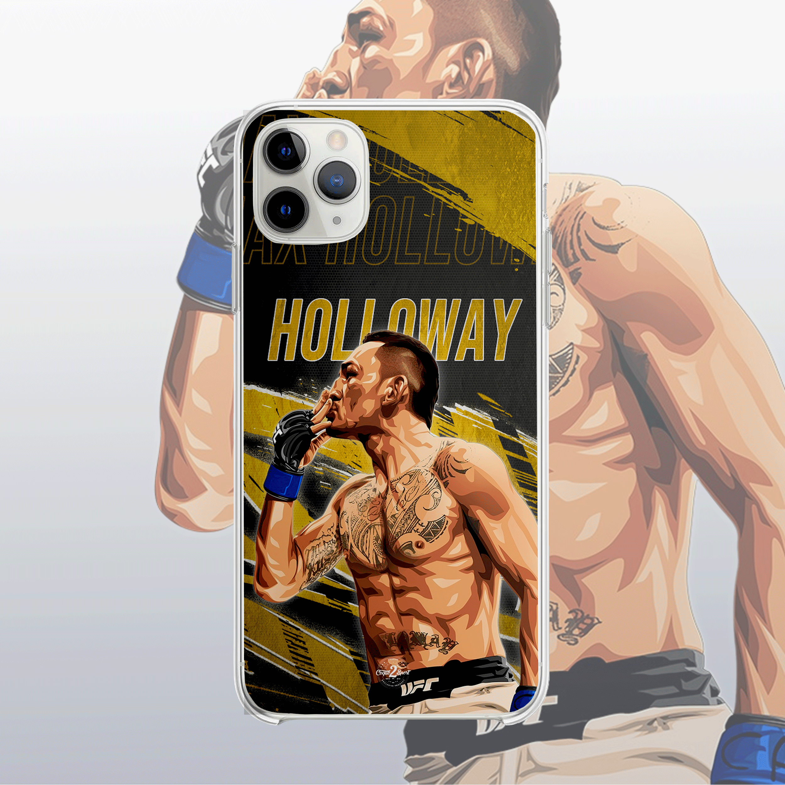 Coque Max Holloway Gold Edition – fond doré moderne et visuel intense, reflet de son rythme et de sa précision.