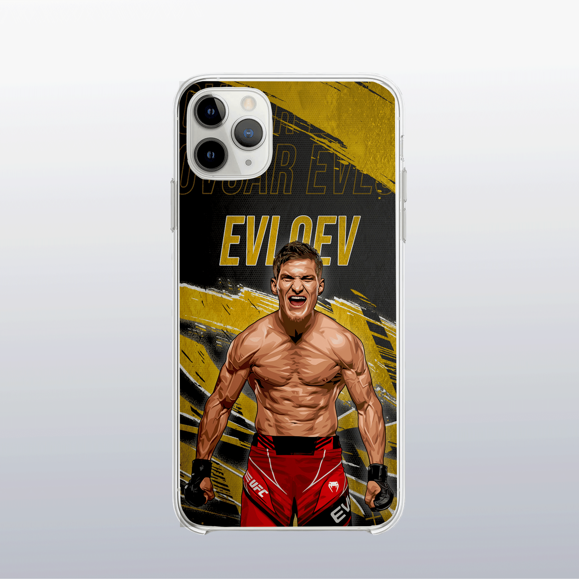 Coque Movsar Evloev Gold Edition – fond doré moderne et visuel soigné, reflet de son style discipliné et efficace.