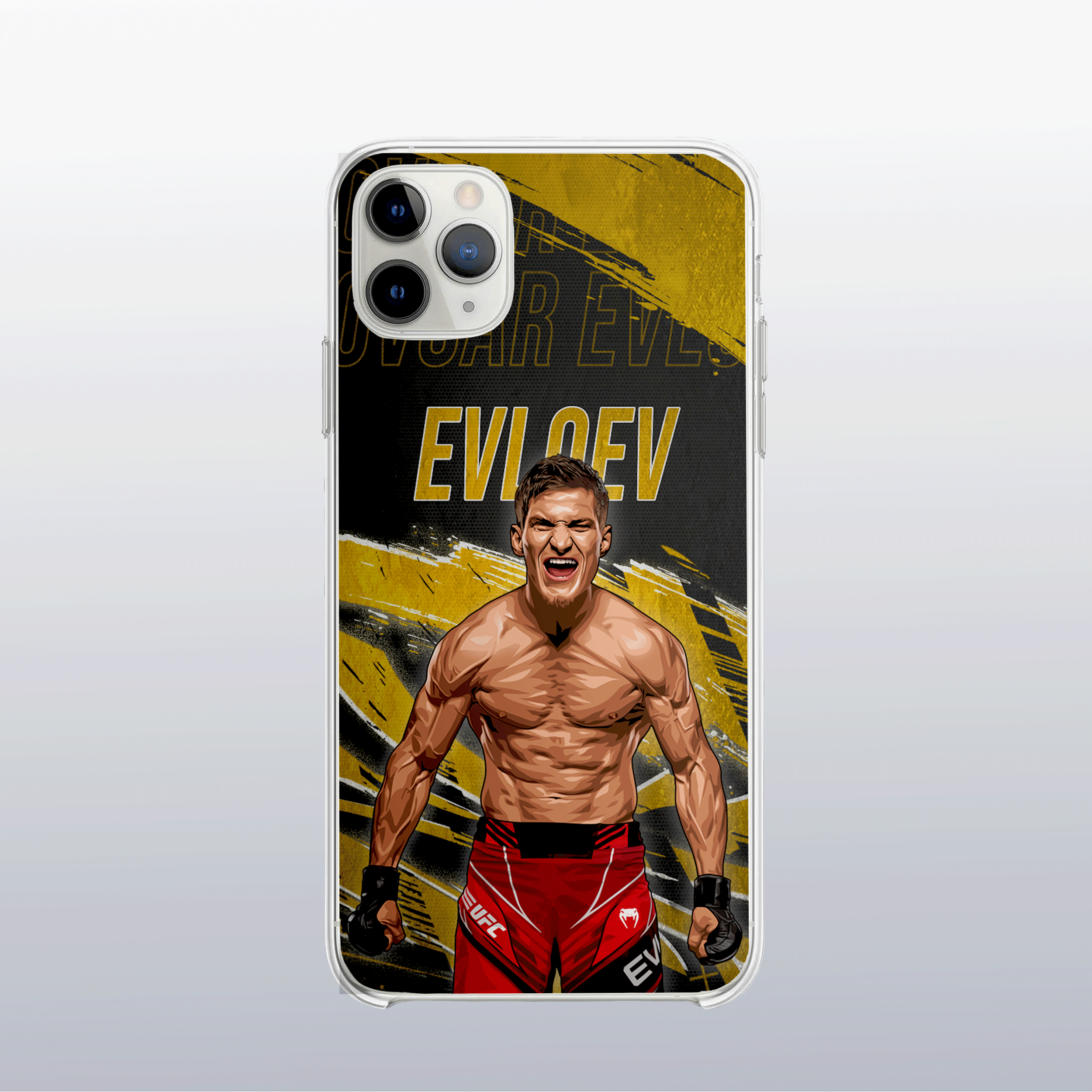 Coque Movsar Evloev Gold Edition – fond doré moderne et visuel soigné, reflet de son style discipliné et efficace.