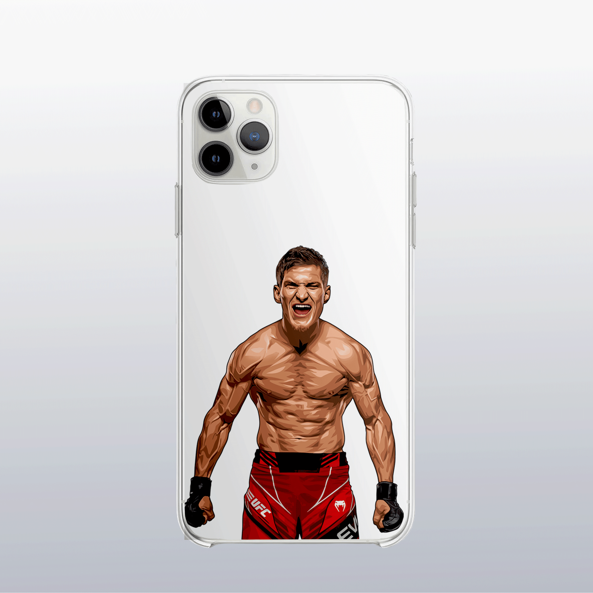 Coque transparente Movsar Evloev – silhouette du combattant, style épuré et précis.