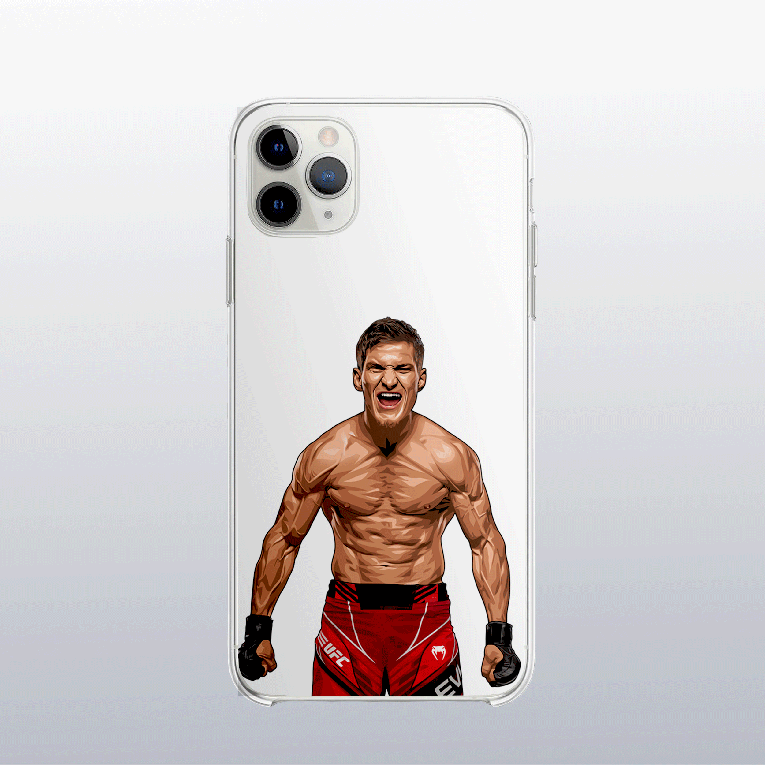 Coque transparente Movsar Evloev – silhouette du combattant, style épuré et précis.