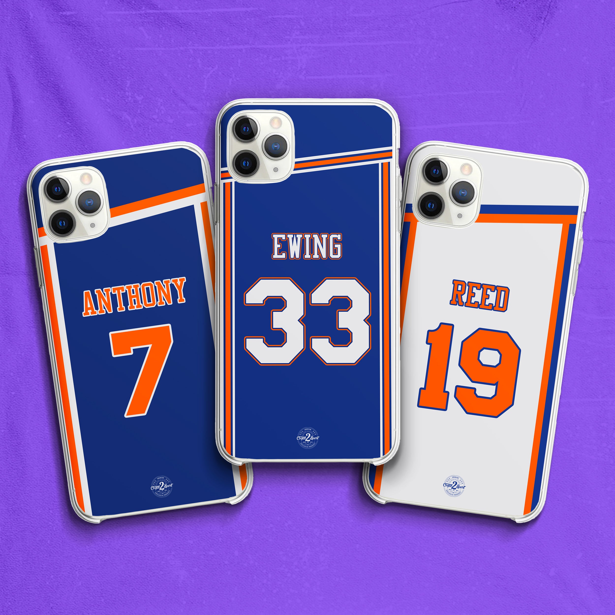 Aperçu des coques NBA personnalisables New York Knicks : quatre maillots officiels (Icon, City, Statement, Association) avec joueurs emblématiques.