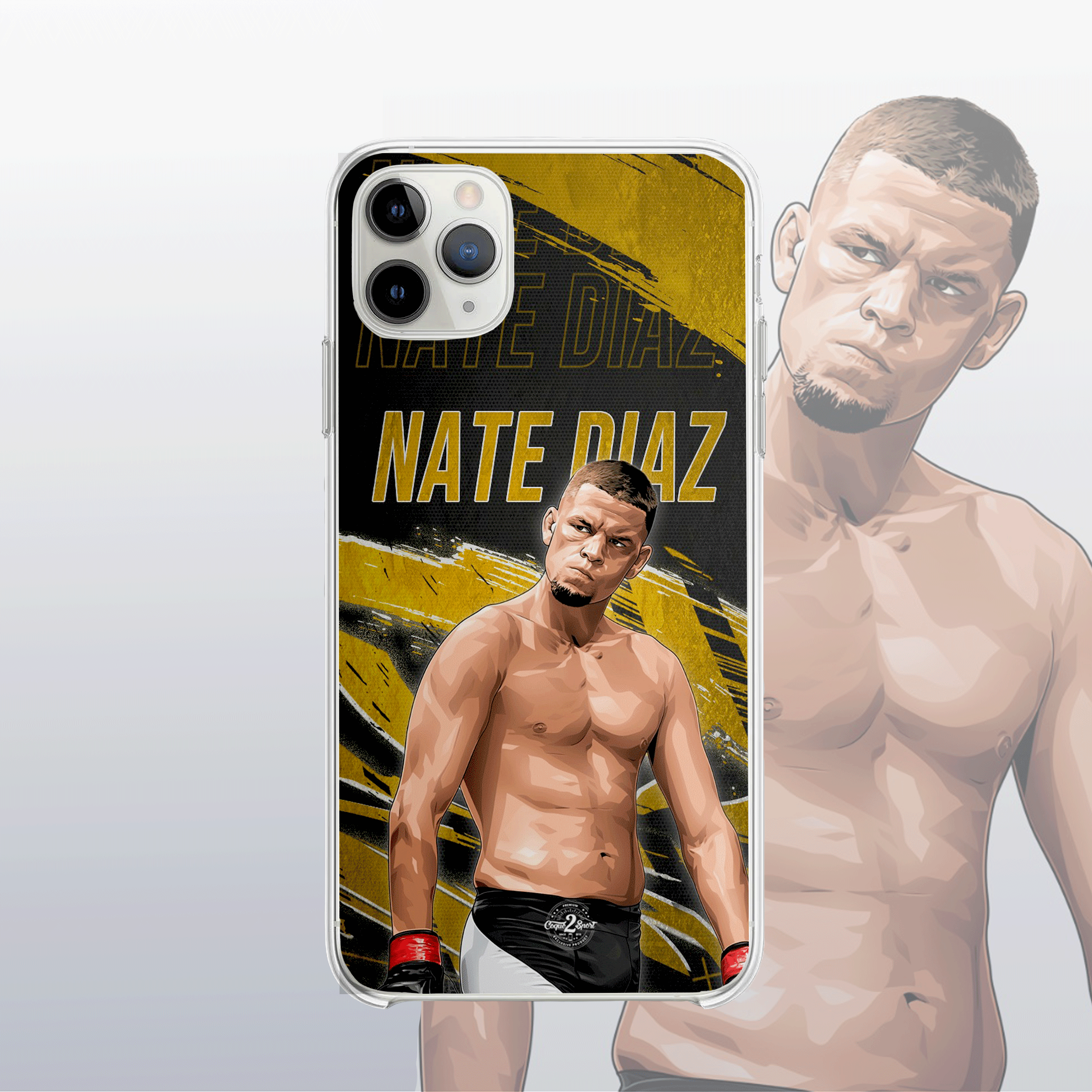 Coque Nate Diaz Gold Edition – fond doré moderne et visuel brut, fidèle à son style combatif et sans filtre.