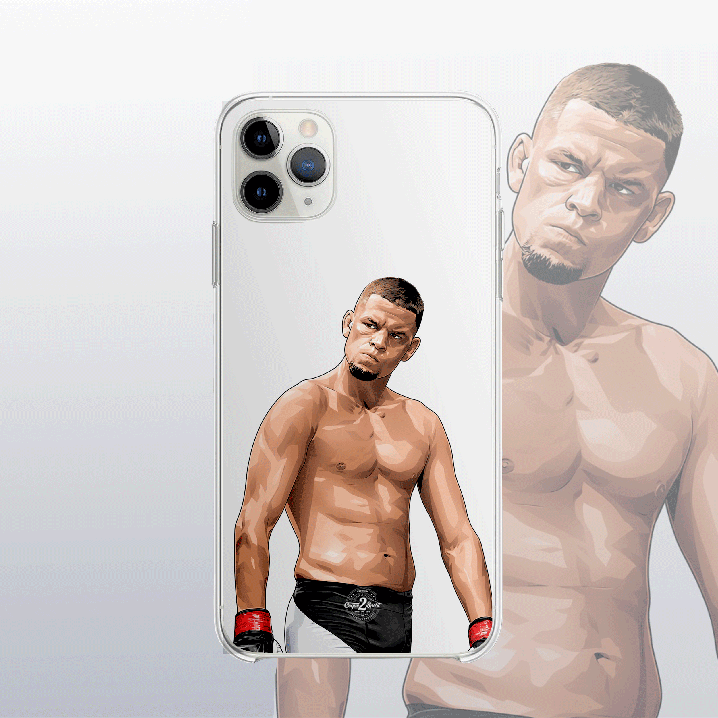 Coque transparente Nate Diaz – silhouette du combattant, style épuré et authentique.