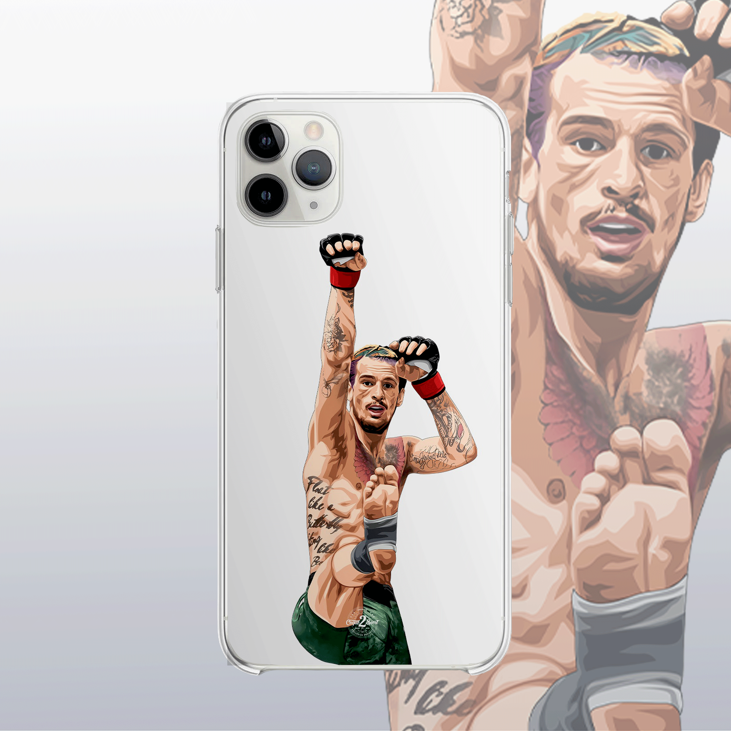 Coque transparente Sean O'Malley – silhouette du combattant, style épuré et audacieux.