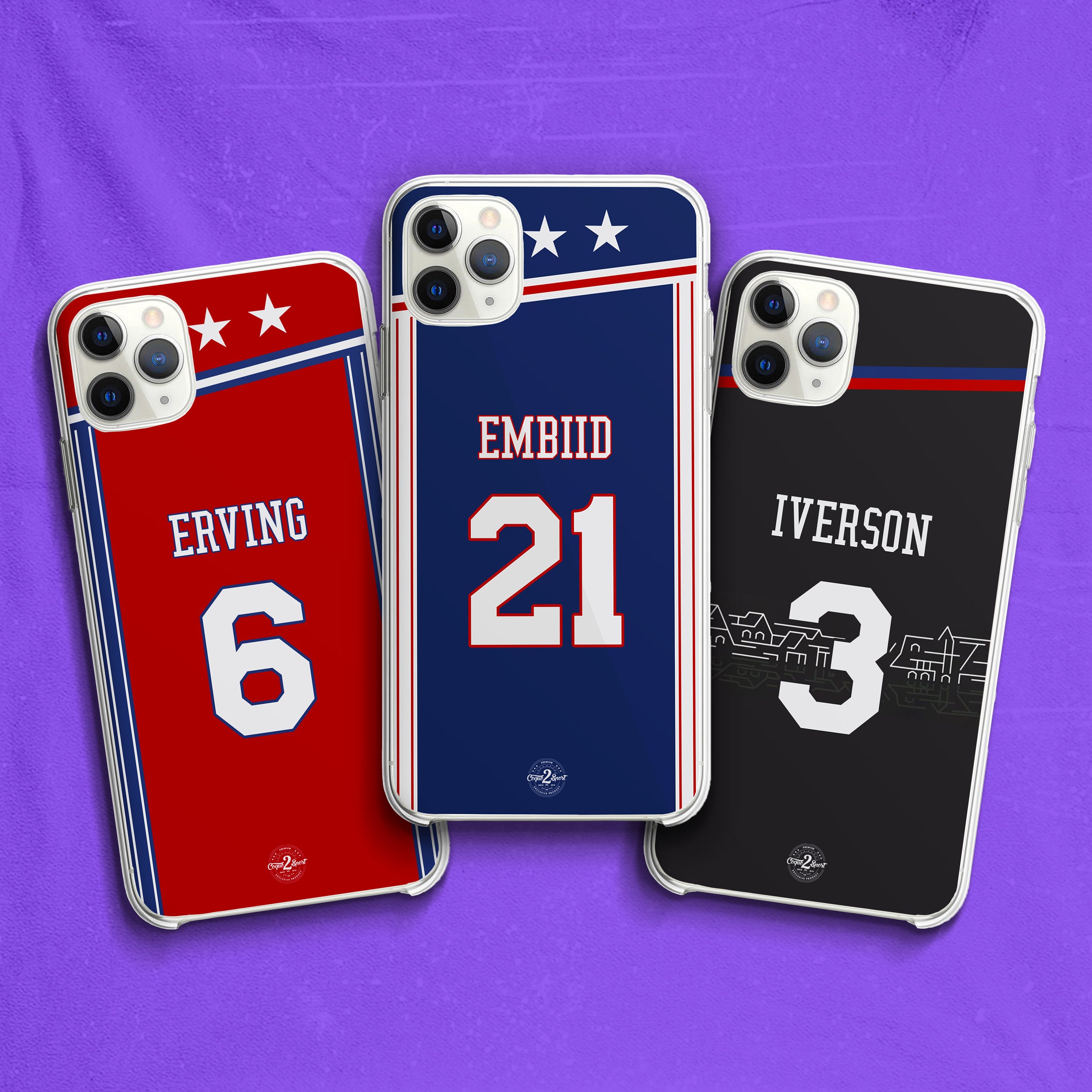 Aperçu des coques NBA personnalisables Philadelphia 76ers : quatre maillots officiels (Icon, City, Statement, Association) avec joueurs emblématiques.