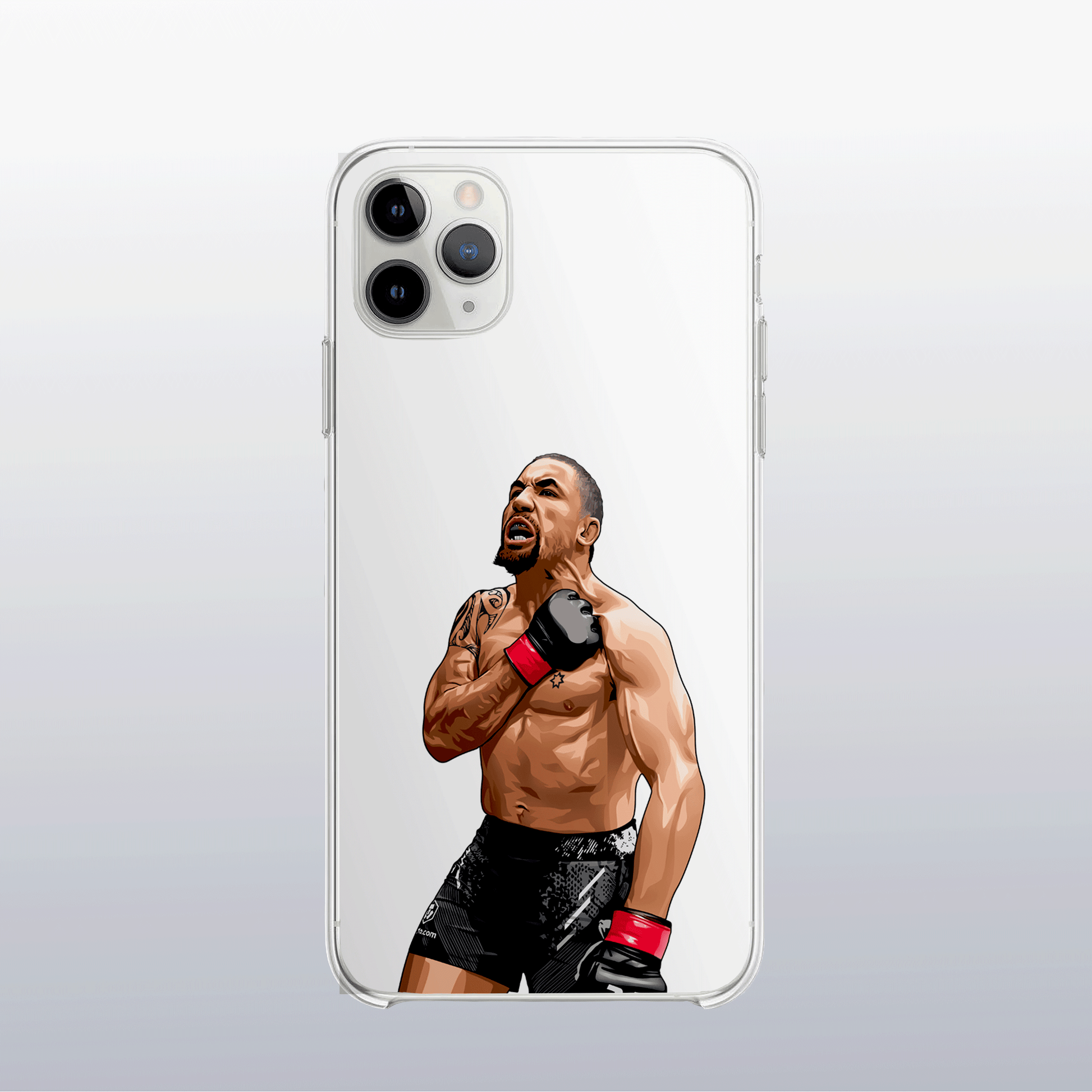 Coque transparente Robert Whittaker – silhouette du combattant, style épuré et technique.