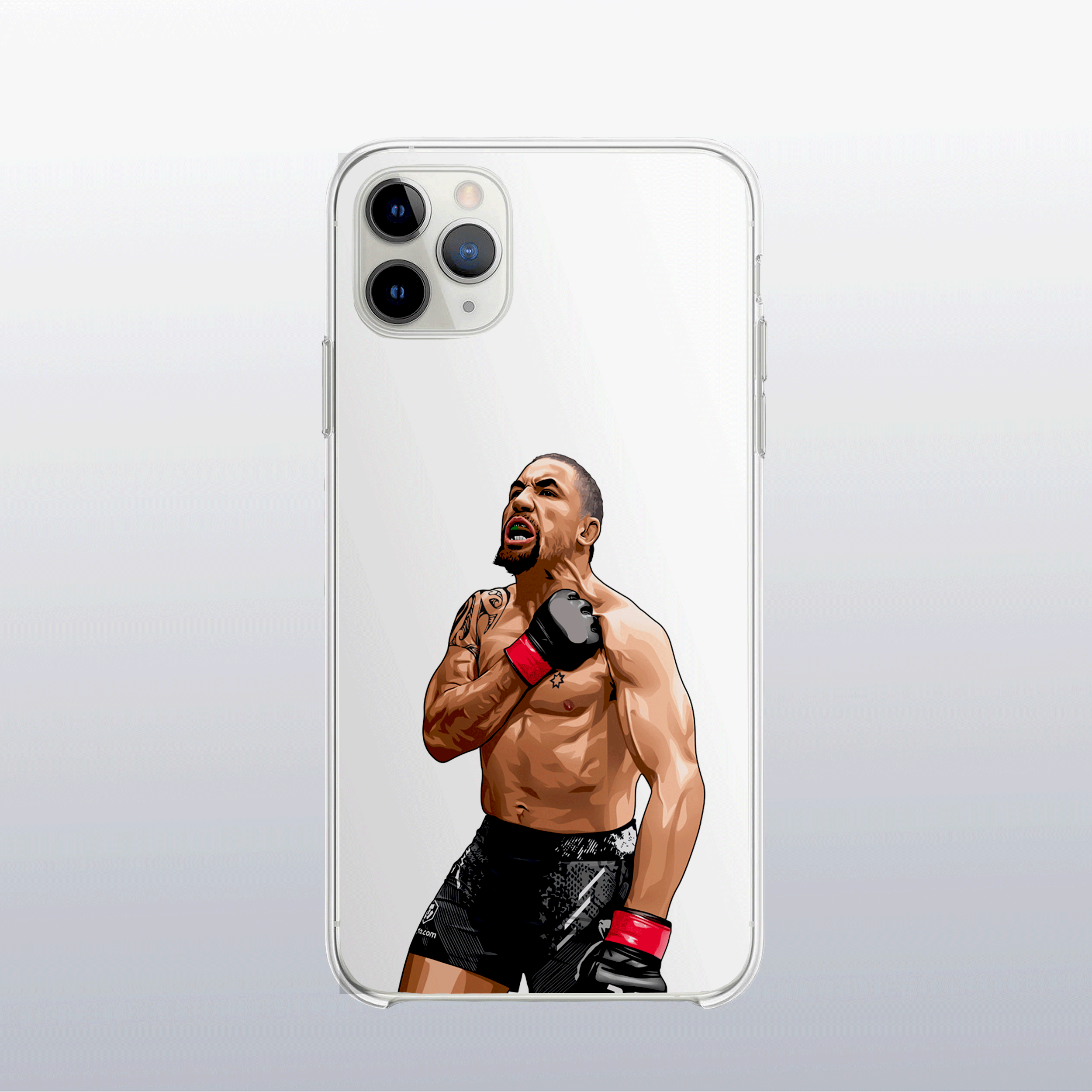 Coque transparente Robert Whittaker – silhouette du combattant, style épuré et technique.