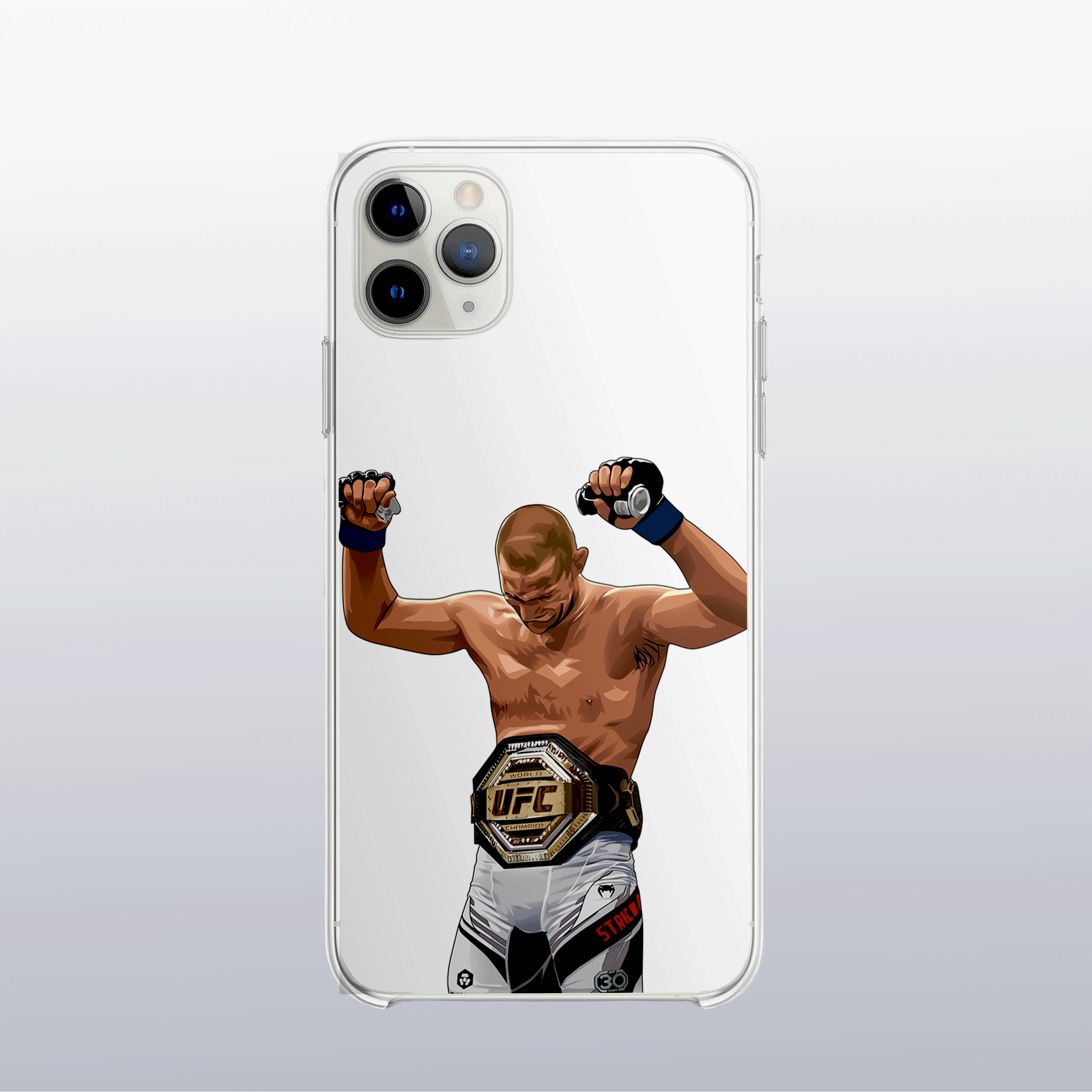 Coque transparente Sean Strickland – silhouette du combattant, style épuré et direct.