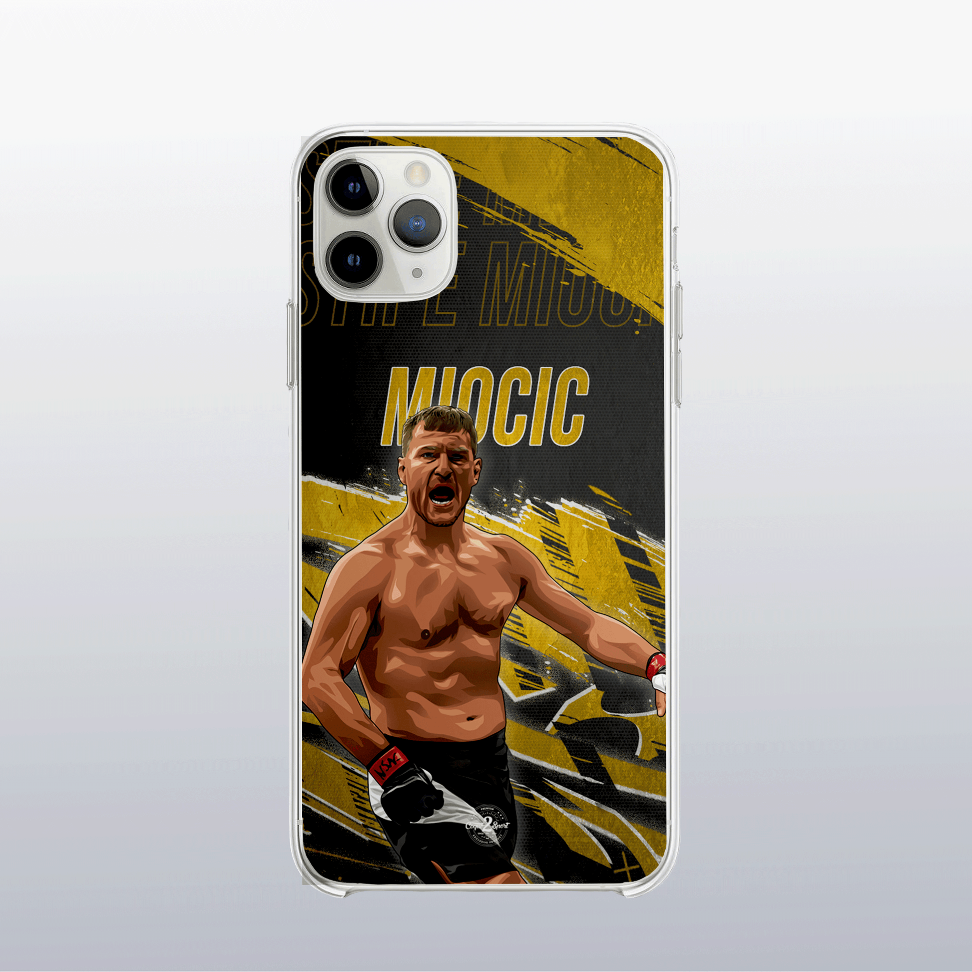 Coque Stipe Miocic Gold Edition – fond doré moderne et visuel puissant, hommage à son règne chez les poids lourds.