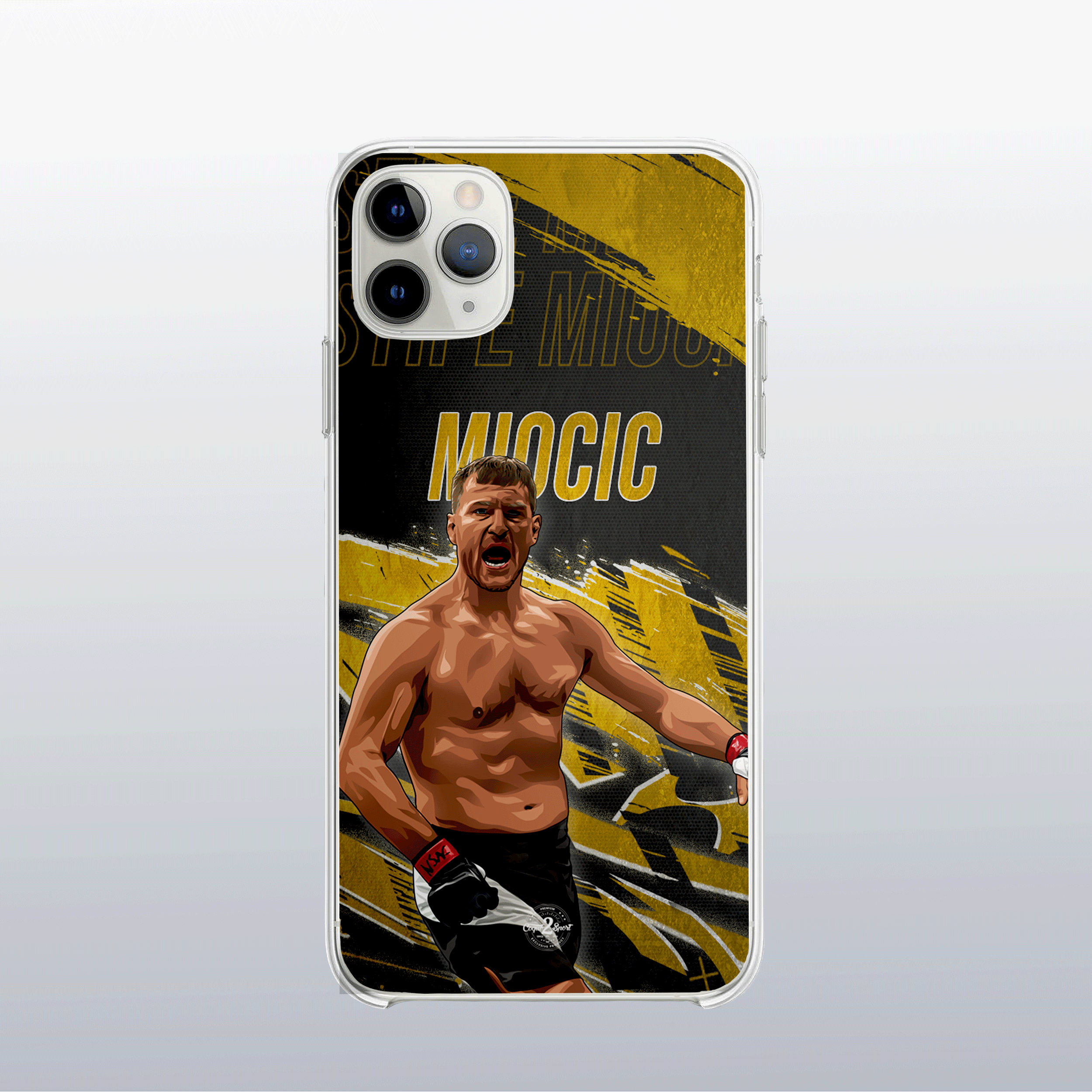 Coque Stipe Miocic Gold Edition – fond doré moderne et visuel puissant, hommage à son règne chez les poids lourds.
