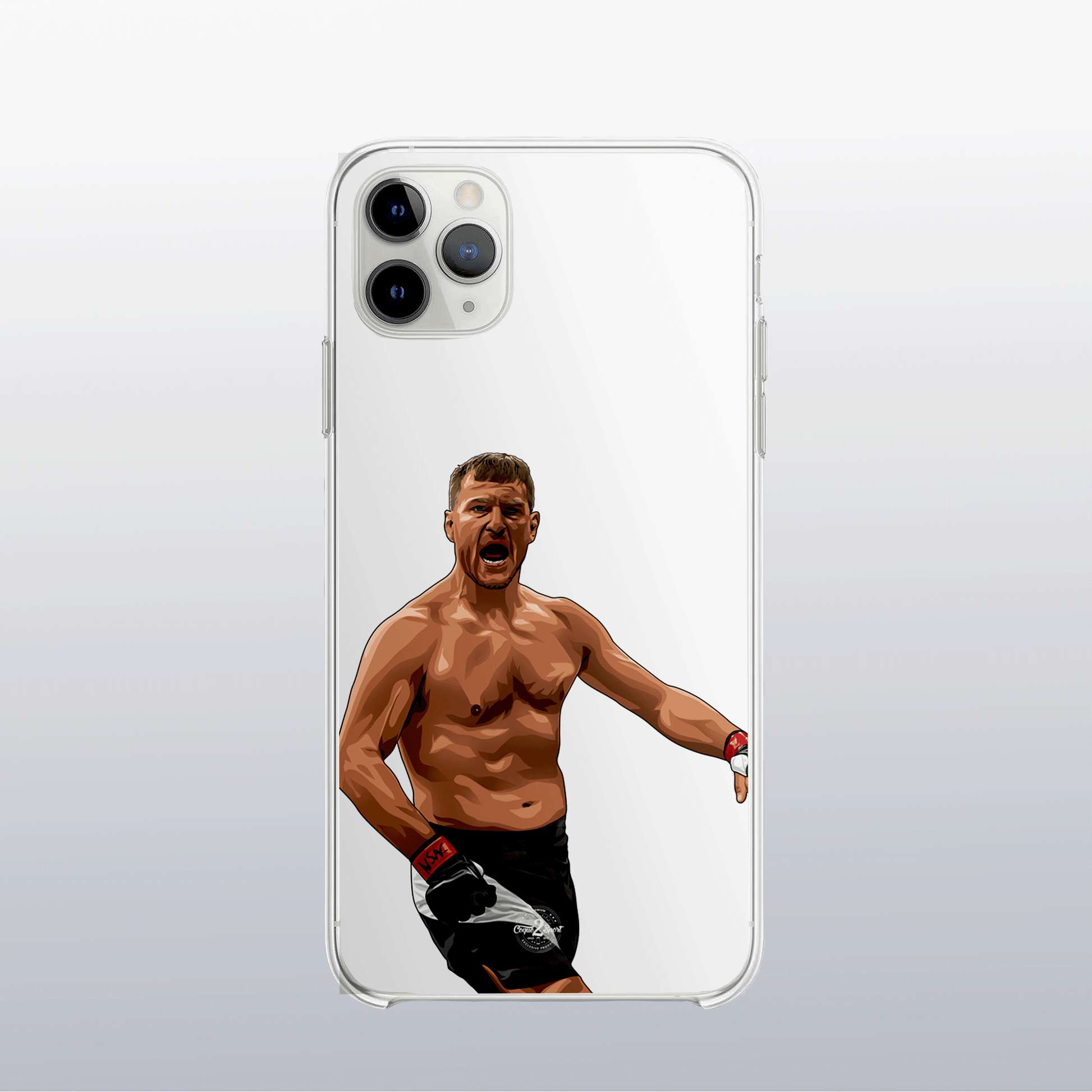 Coque transparente Stipe Miocic – silhouette du combattant, style épuré et imposant.