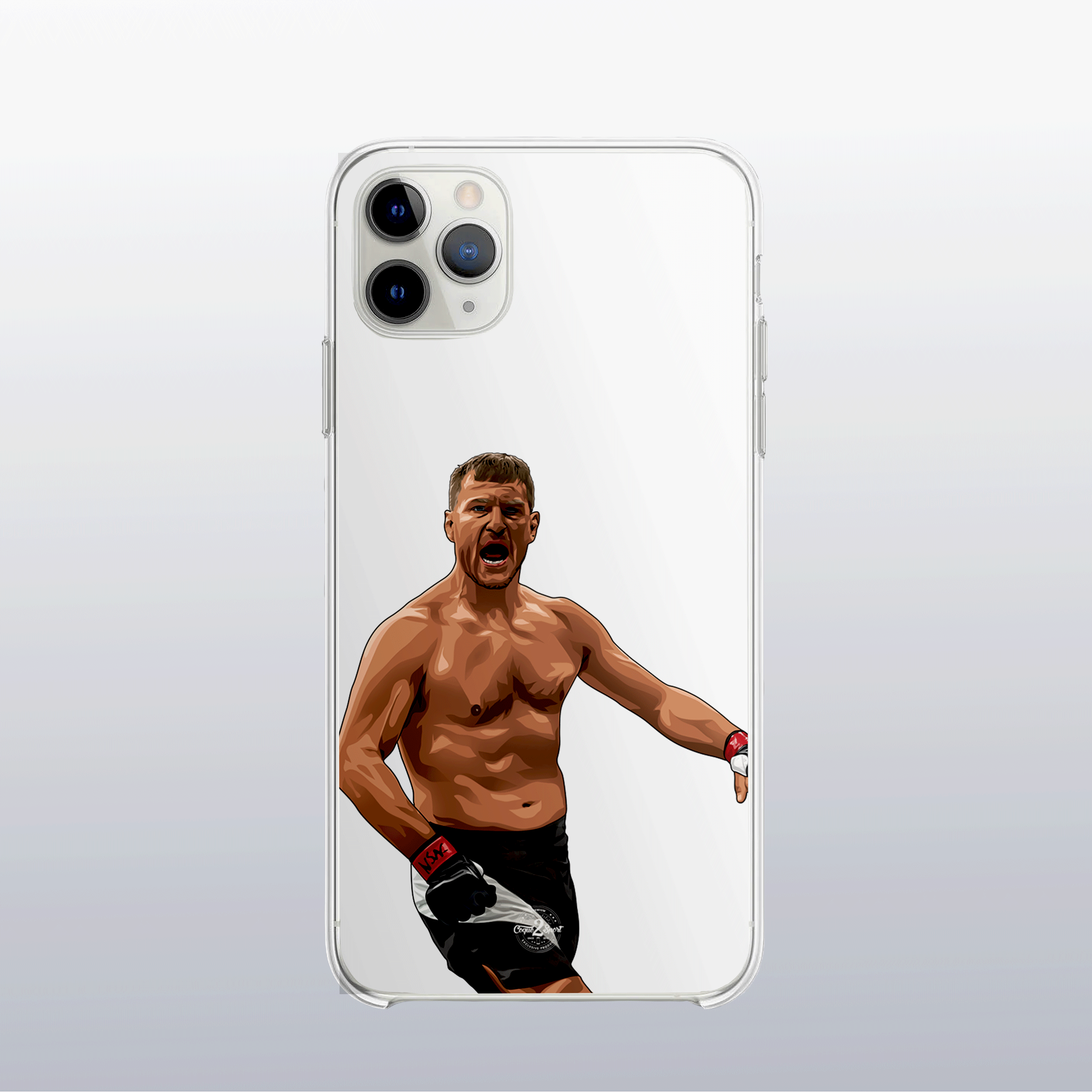 Coque transparente Stipe Miocic – silhouette du combattant, style épuré et imposant.