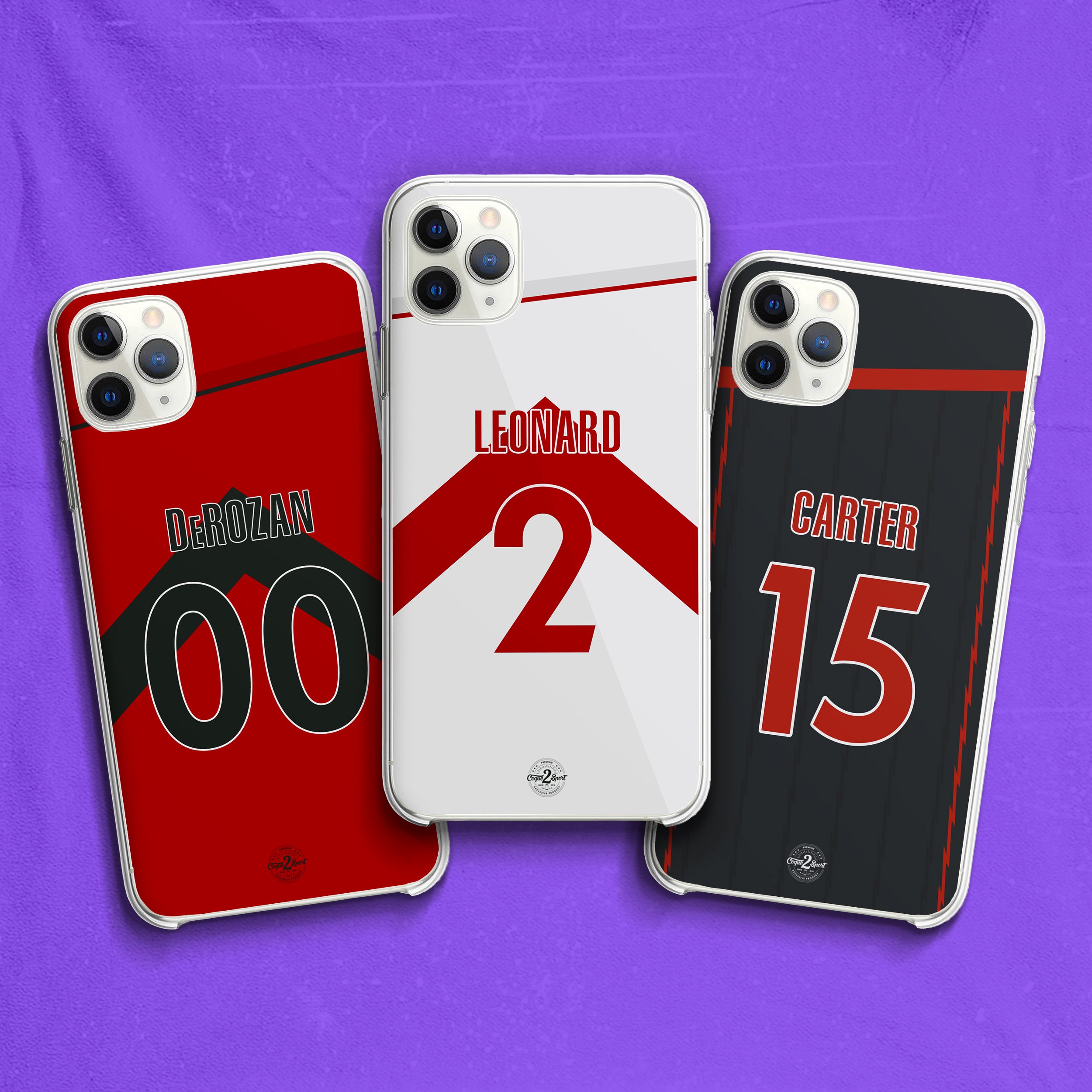 Aperçu des coques NBA personnalisables Toronto Raptors : quatre maillots officiels (Icon, City, Statement, Association) avec joueurs emblématiques.
