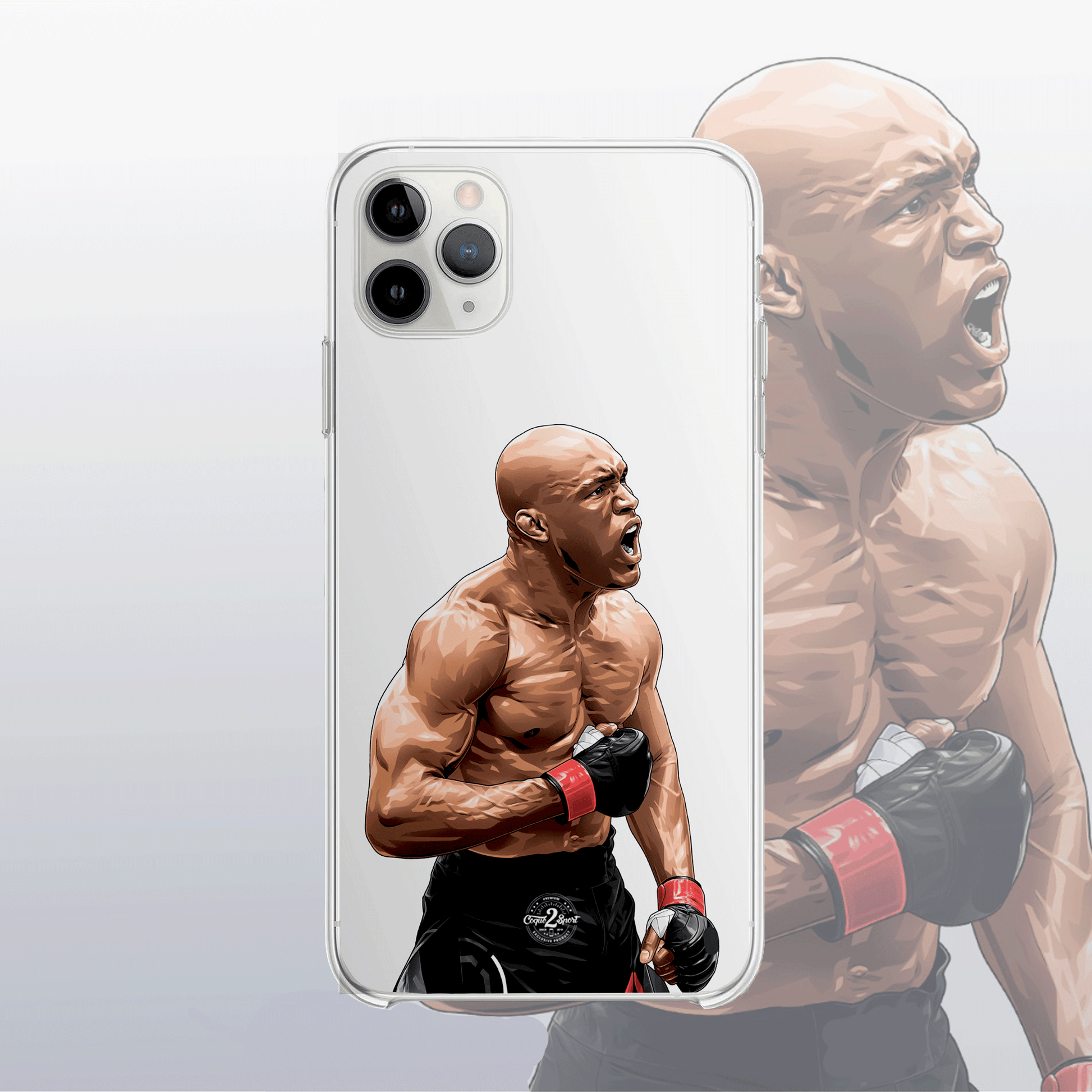Coque transparente Kamaru Usman – silhouette du combattant, style épuré et imposant.