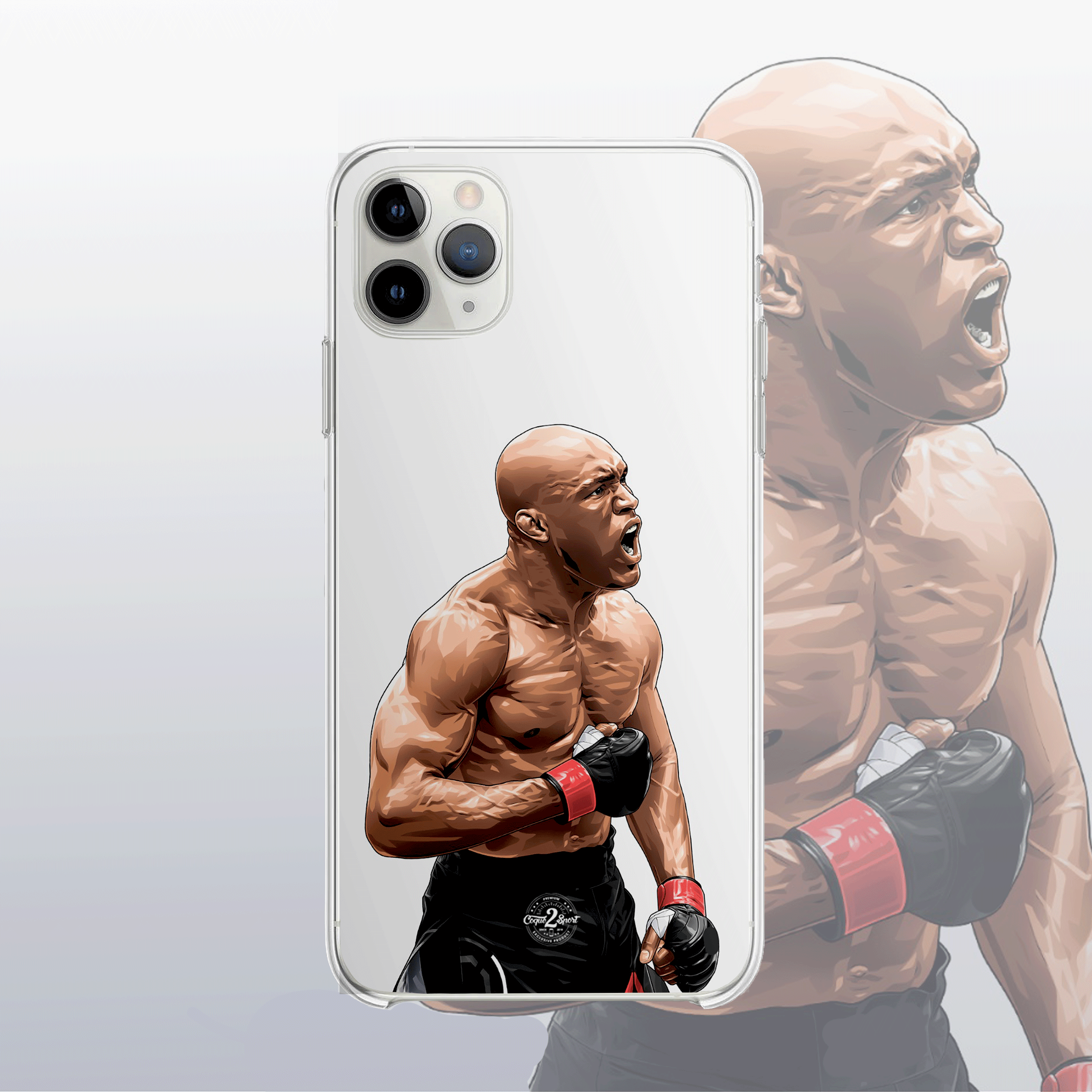 Coque transparente Kamaru Usman – silhouette du combattant, style épuré et imposant.