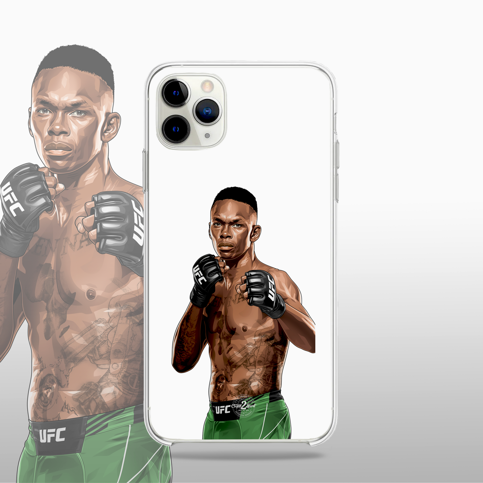 Coque transparente Israel Adesanya (modèle 2) – silhouette du combattant, style épuré et impactant.