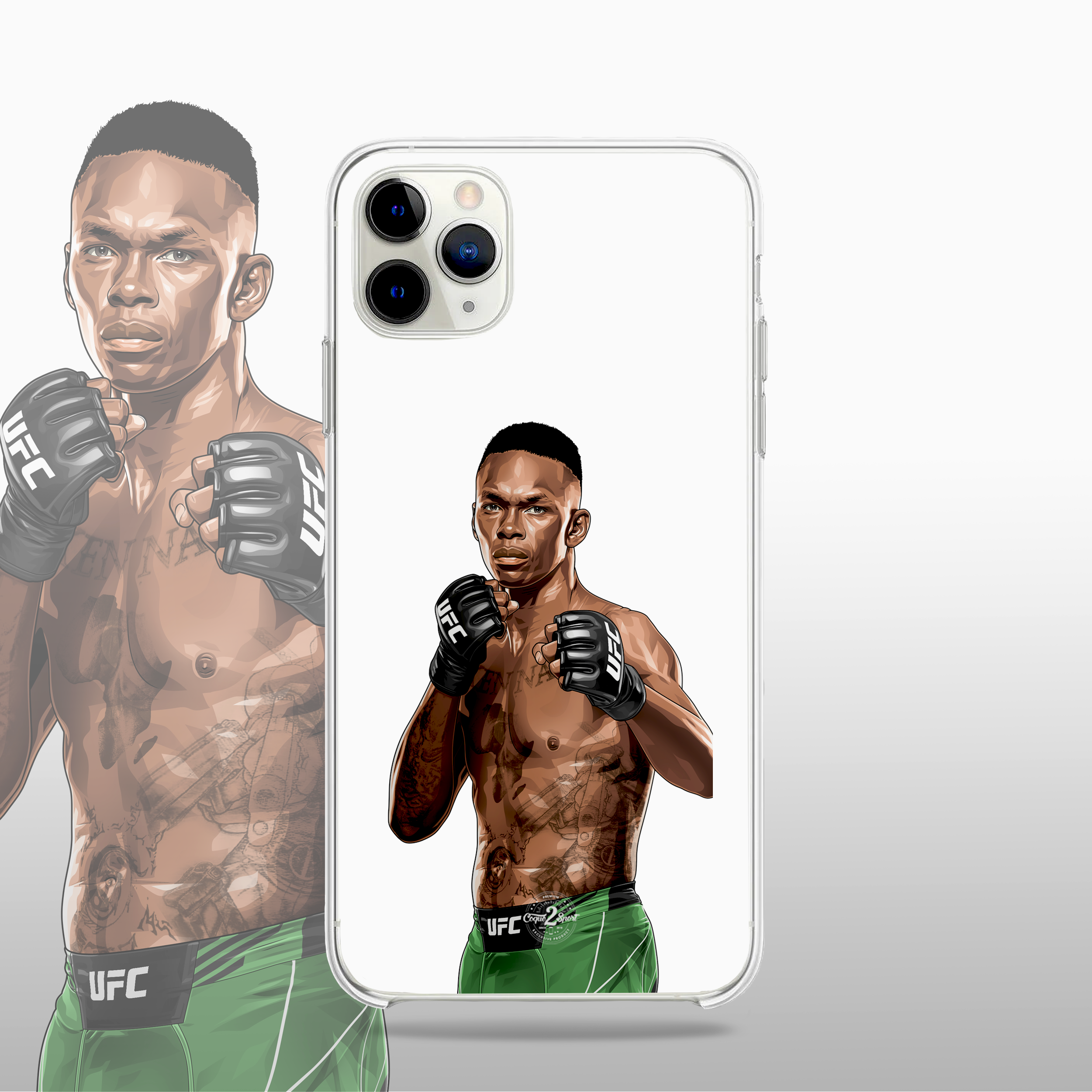 Coque transparente Israel Adesanya (modèle 2) – silhouette du combattant, style épuré et impactant.