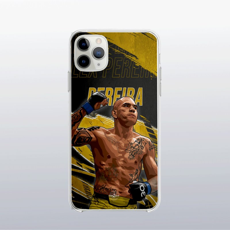 Coque de téléphone Alex Pereira édition Gold avec fond doré brillant. Disponible pour iPhone, Samsung et Huawei.