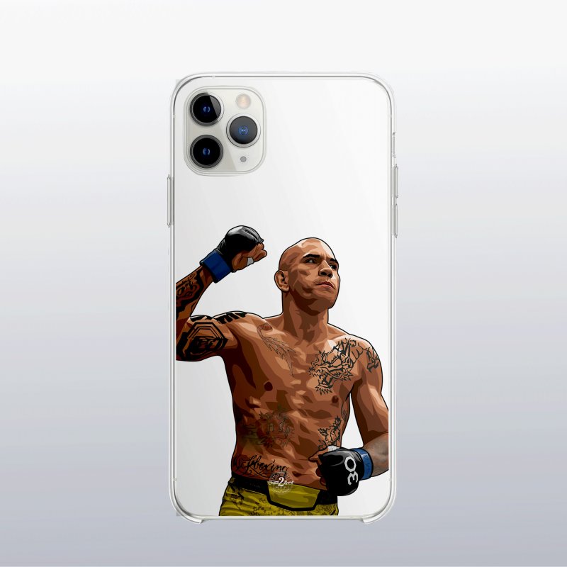 Coque de téléphone Alex Pereira transparente avec motif visible en fond. Disponible pour iPhone, Samsung et Huawei.