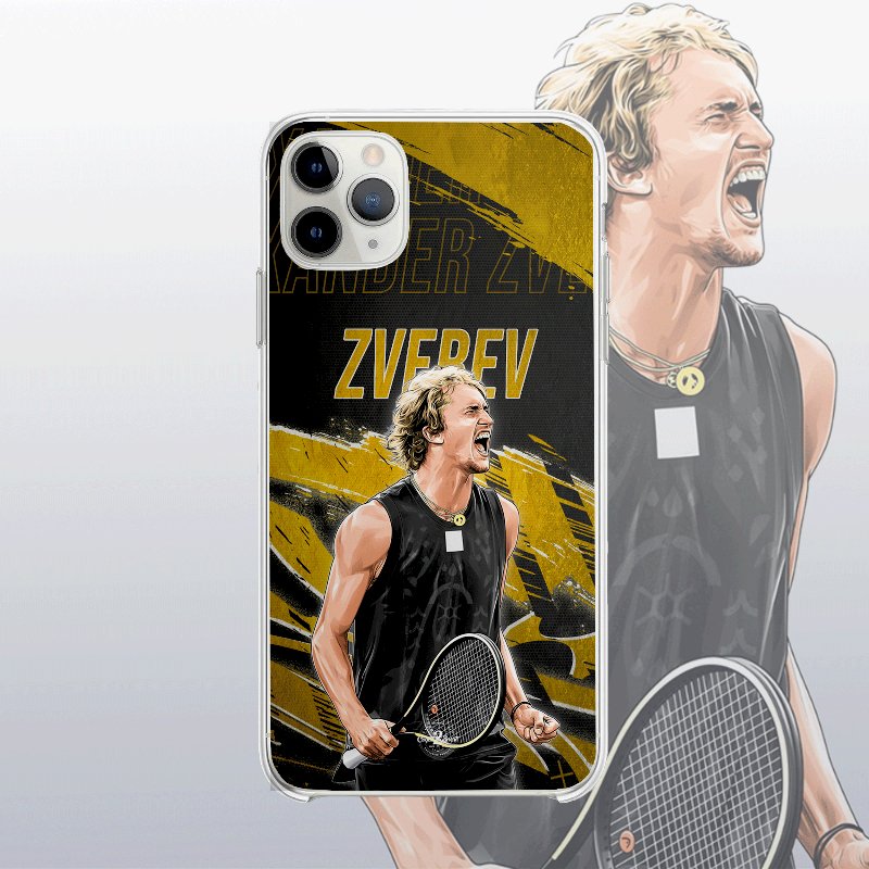 Coque Alexander Zverev Gold Edition (modèle 2) avec fond légendaire, inspirée des cartes icônes, design élégant et puissant.