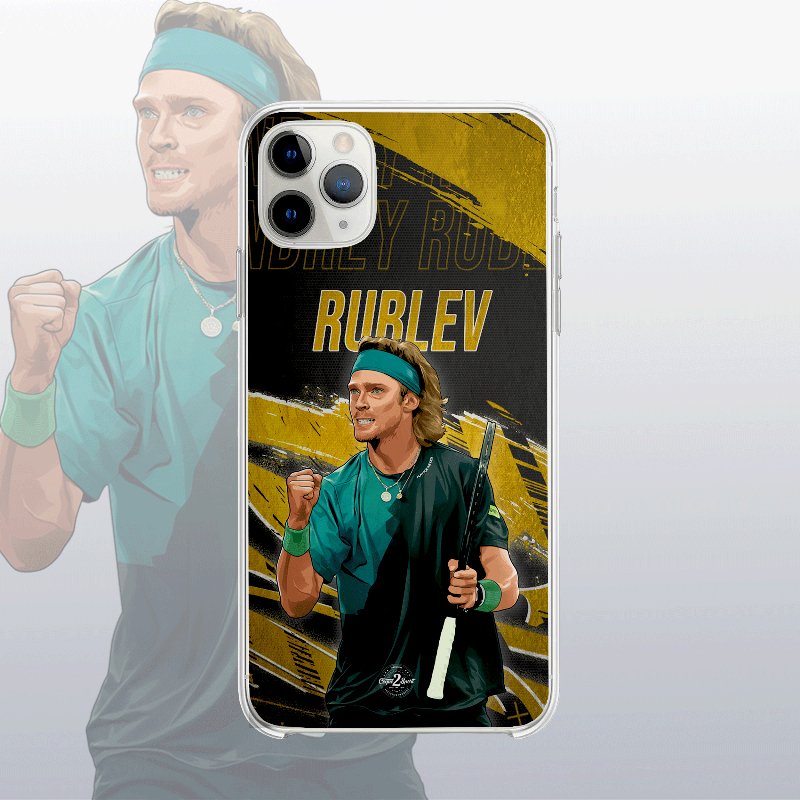 Coque Andrey Rublev Gold Edition avec fond légendaire, inspirée des cartes icônes, design élégant et puissant.
