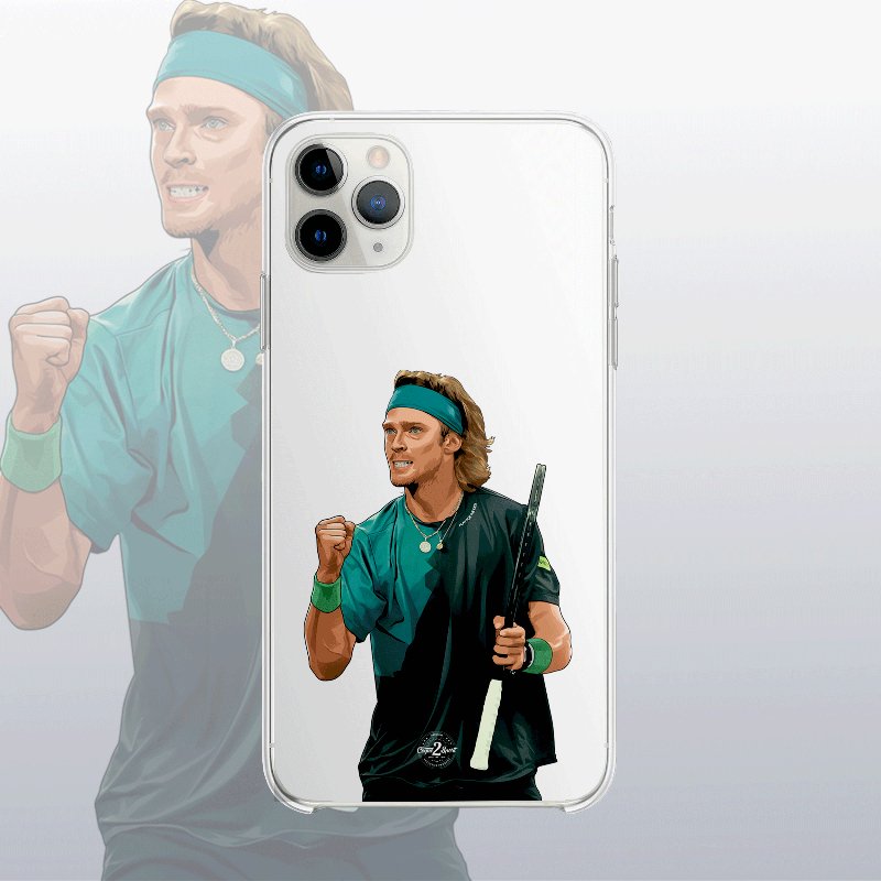Coque transparente Andrey Rublev avec silhouette épurée du joueur, look minimaliste et sportif.