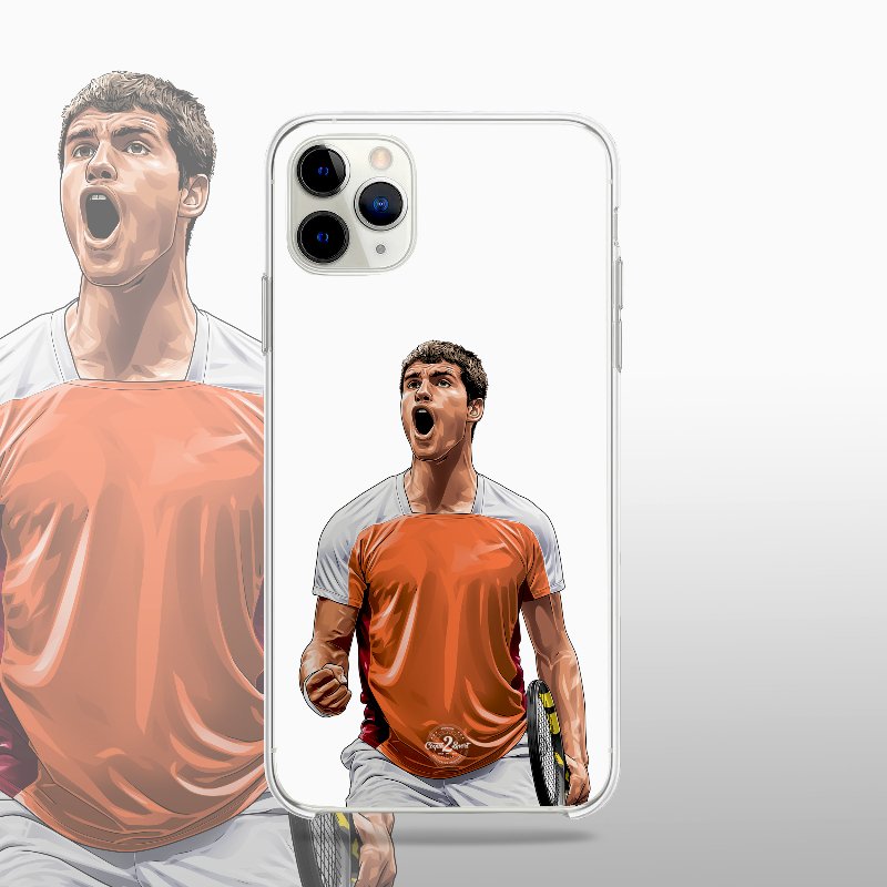 Coque transparente Carlos Alcaraz (modèle 2) avec silhouette épurée du joueur, look minimaliste et sportif.