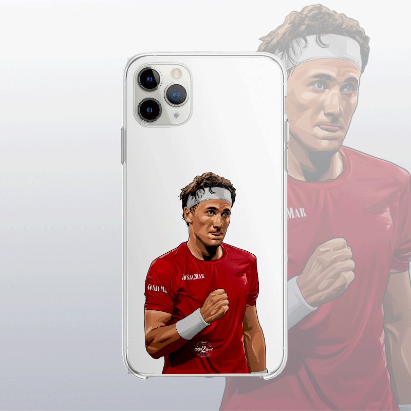 Coque transparente Casper Ruud avec silhouette épurée du joueur, look minimaliste et sportif.