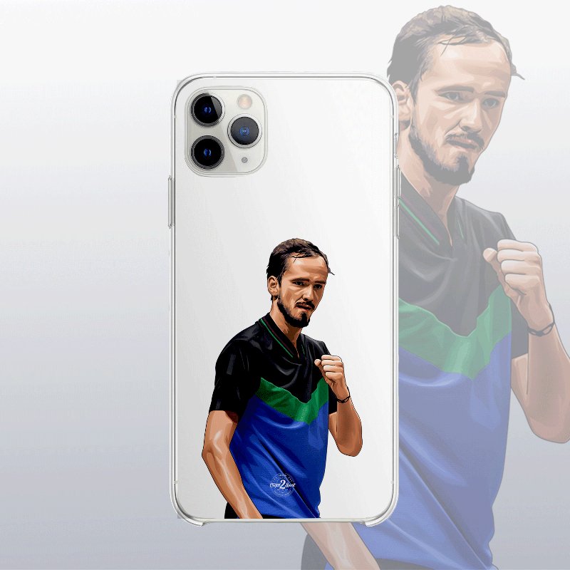 Coque transparente Daniil Medvedev avec silhouette épurée du joueur, look minimaliste et sportif.