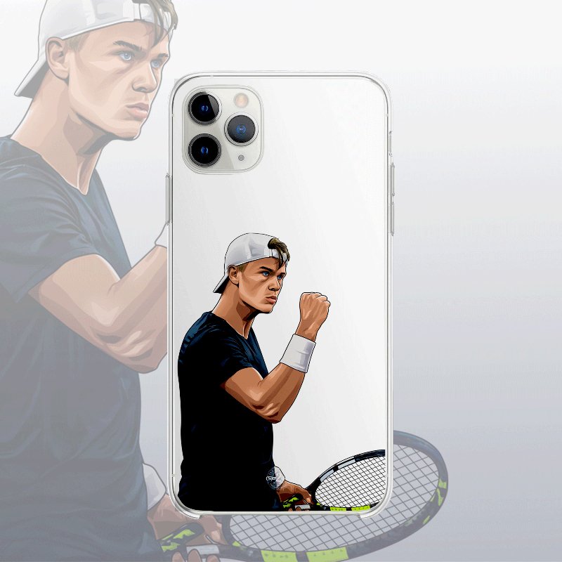 Coque transparente Holger Rune avec silhouette épurée du joueur, look minimaliste et sportif.