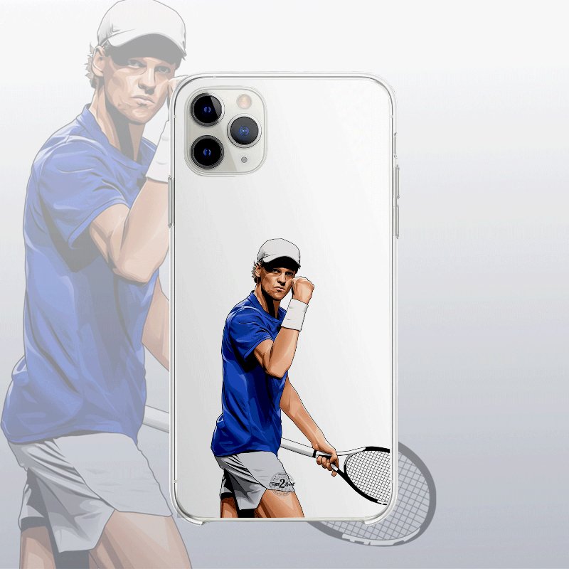 Coque transparente Jannik Sinner (modèle 2) avec silhouette épurée du joueur, look minimaliste et sportif.