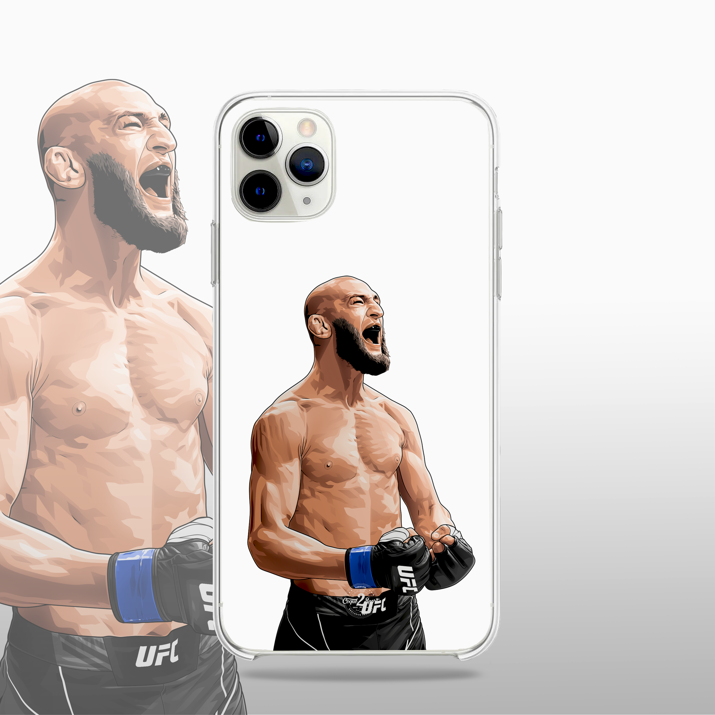 Coque transparente Khamzat Chimaev – silhouette du combattant, style épuré et redoutable.