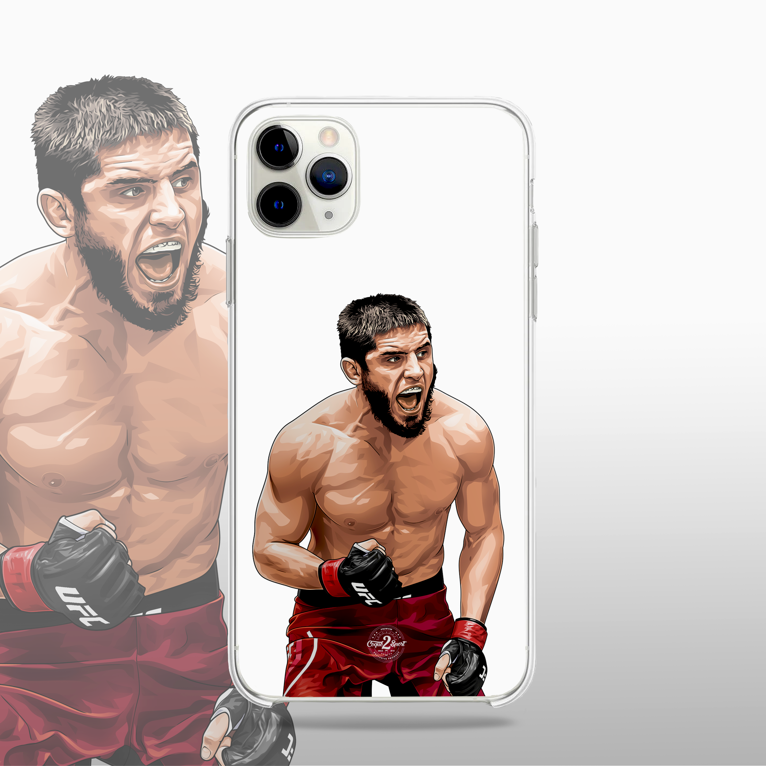 Coque transparente Islam Makhachev – silhouette du combattant, style épuré et discipliné.