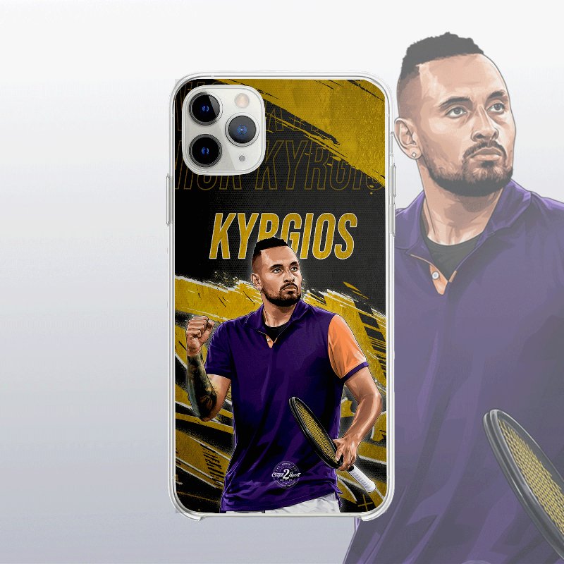 Coque Nick Kyrgios Gold Edition avec fond légendaire, inspirée des cartes icônes, design élégant et puissant.