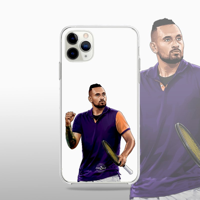 Coque transparente Nick Kyrgios avec silhouette épurée du joueur, look minimaliste et sportif.