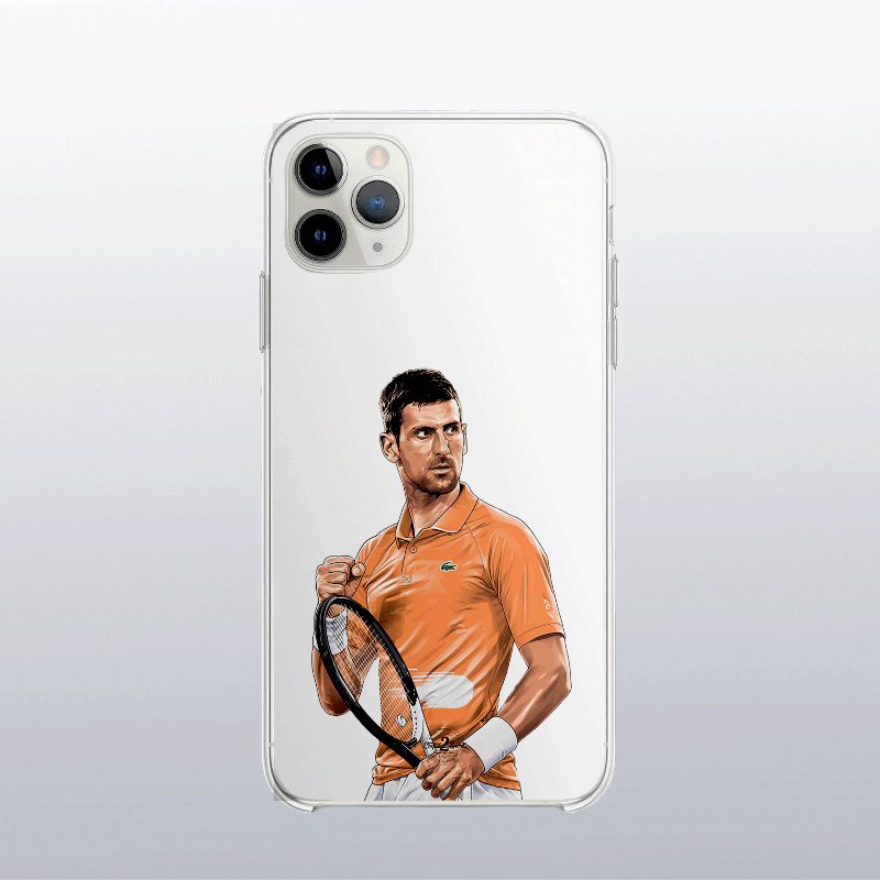 Coque transparente Novak Djokovic (Roland-Garros) avec silhouette du joueur, look sobre et puissant.