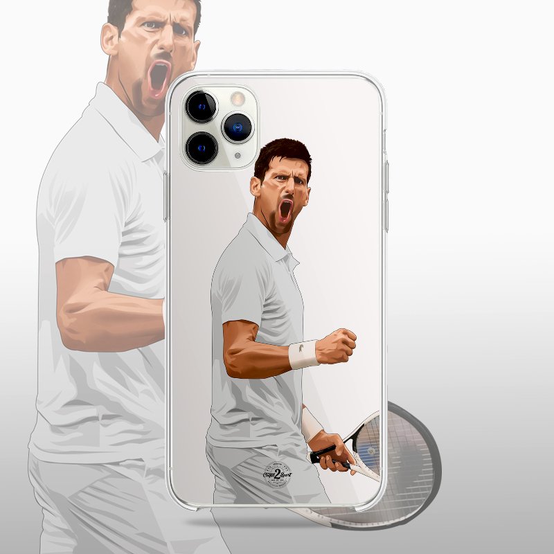 Coque transparente Novak Djokovic (Wimbledon) avec silhouette du joueur, style épuré et élégant.