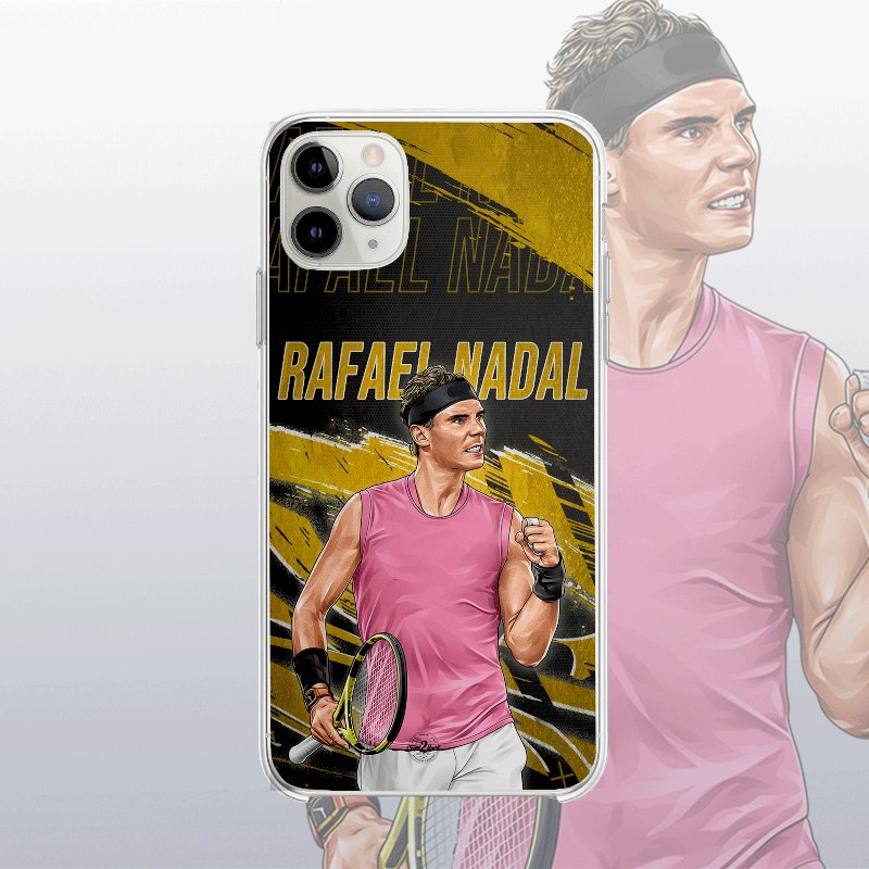 Coque Rafael Nadal Gold Edition (modèle 2) avec fond légendaire, inspirée des cartes icônes, design élégant et puissant.