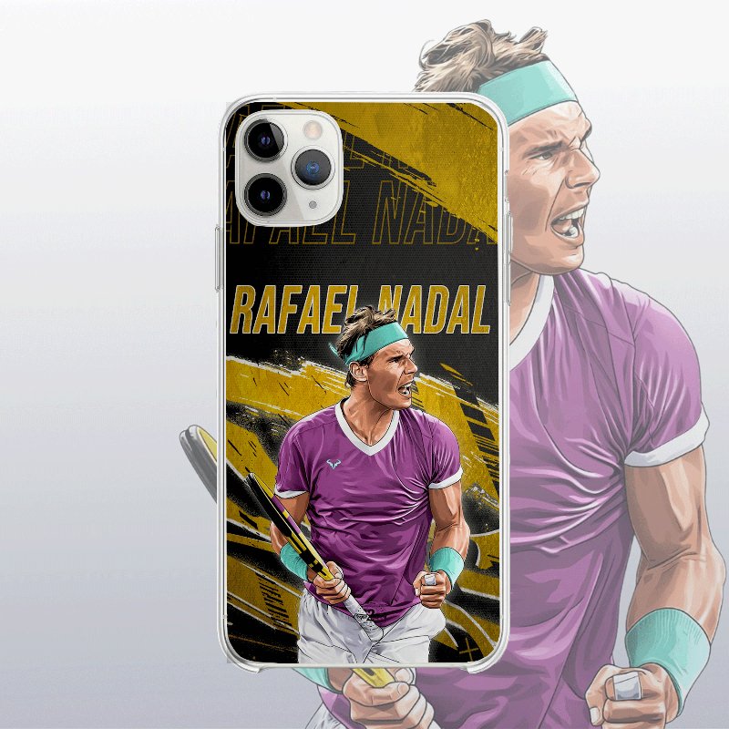 Coque Rafael Nadal Gold Edition (Roland-Garros) avec fond légendaire, hommage à son règne à Paris.