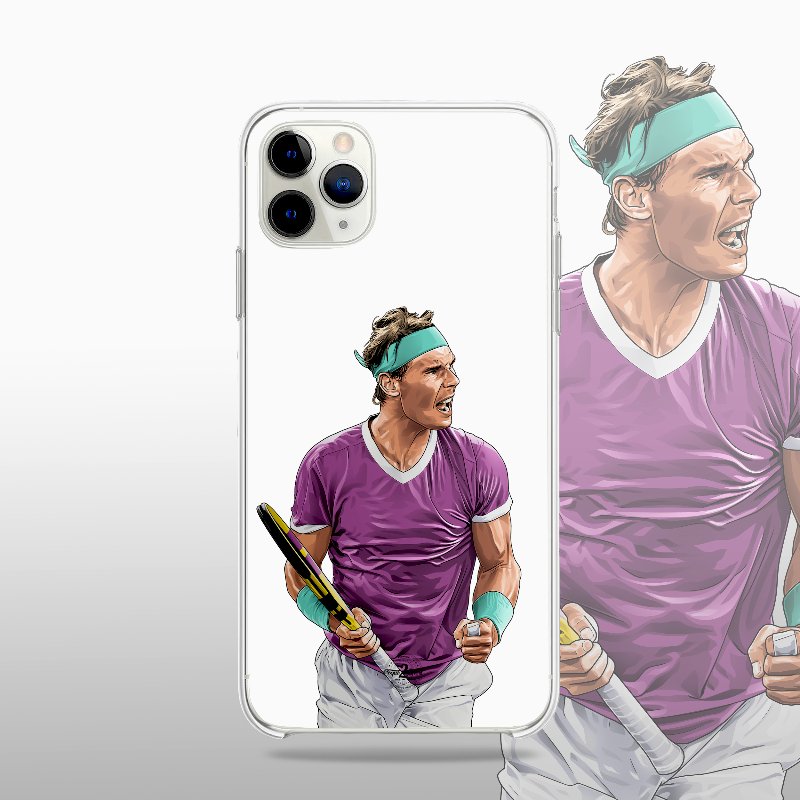 Coque transparente Rafael Nadal (Roland-Garros) avec silhouette du joueur, design épuré dédié à la terre battue.
