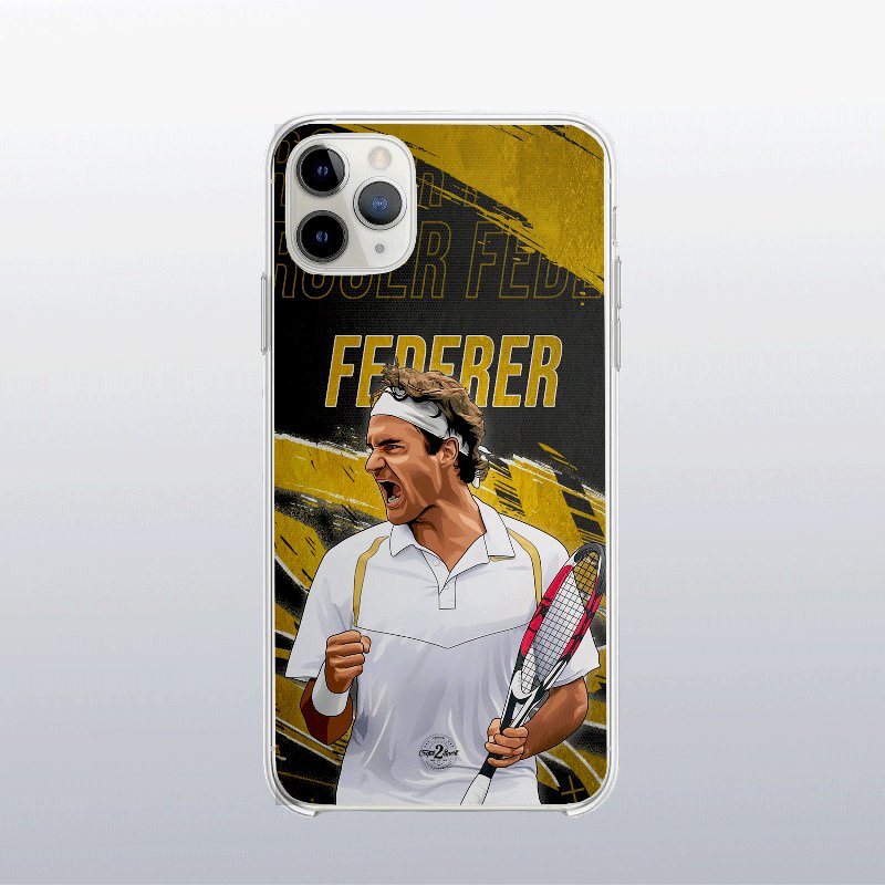 Coque Roger Federer Gold Edition (Wimbledon) avec fond légendaire, reflet de sa domination à Londres.