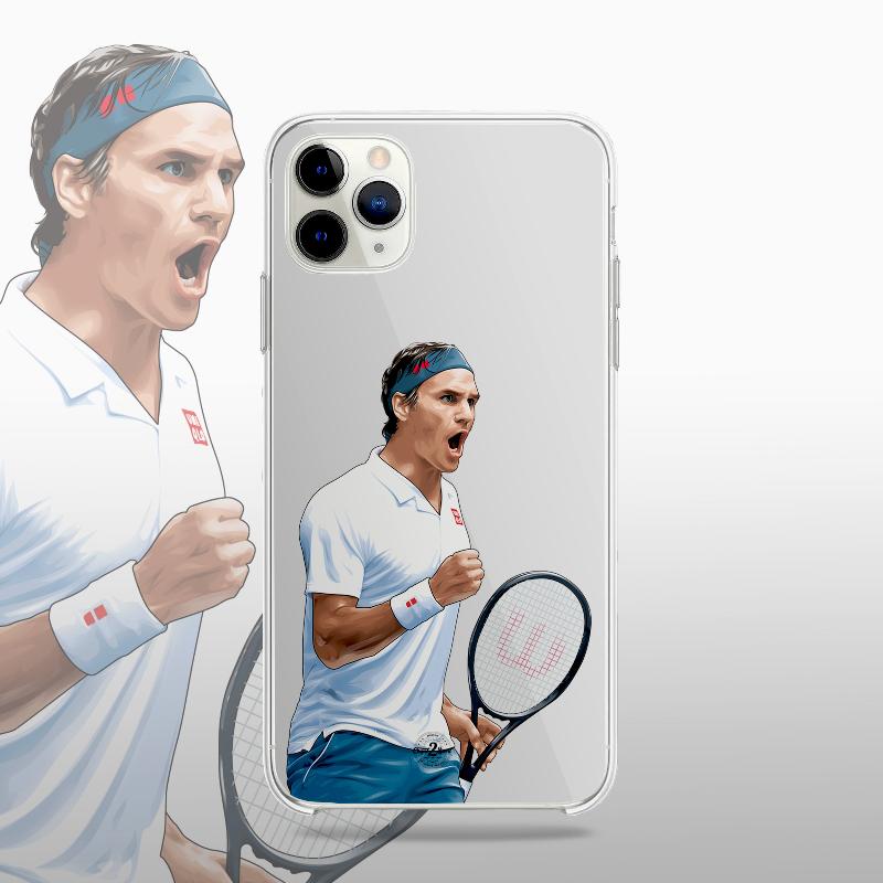Coque transparente Roger Federer (Wimbledon) avec silhouette du joueur, style classique et raffiné.