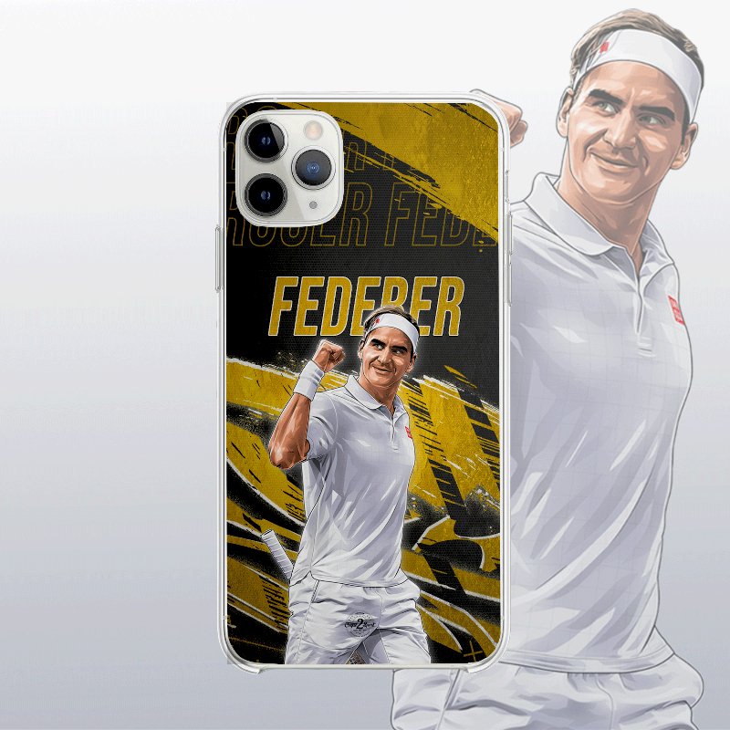 Coque Roger Federer Gold Edition (Open d’Australie) avec fond légendaire, inspirée de ses victoires sur dur.
