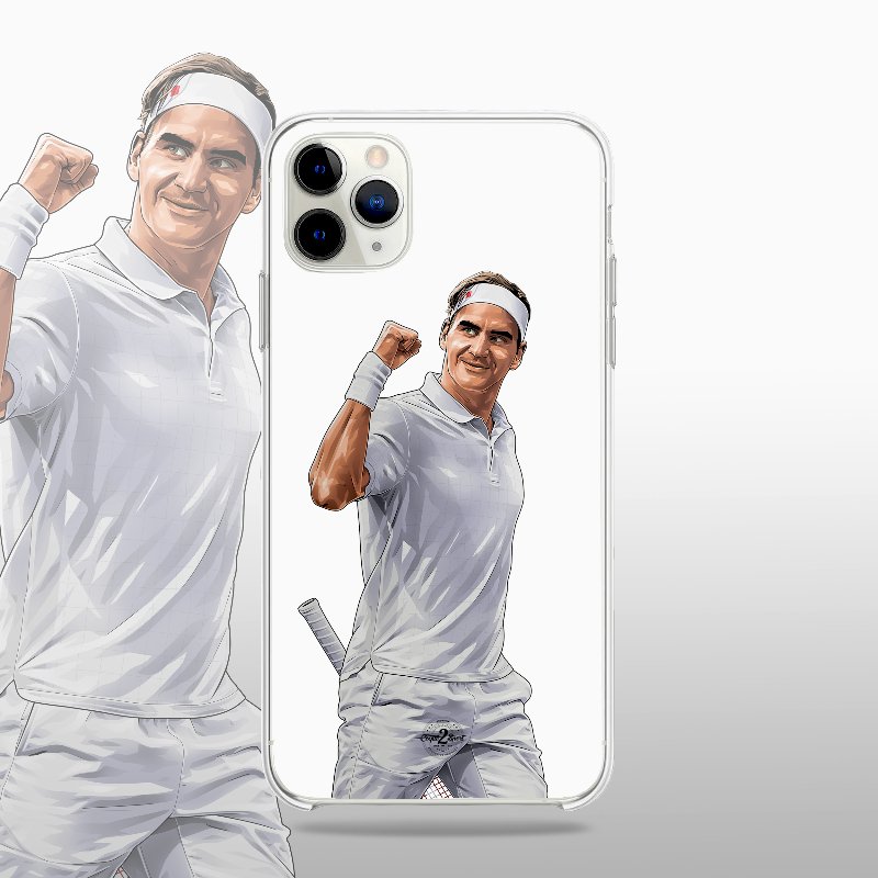 Coque transparente Roger Federer (Open d’Australie) avec silhouette du joueur, design sobre et moderne.