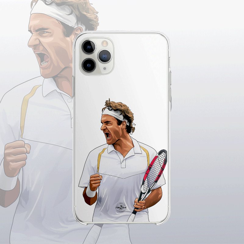 Coque transparente Roger Federer (Roland-Garros) avec silhouette du joueur, look épuré et élégant.