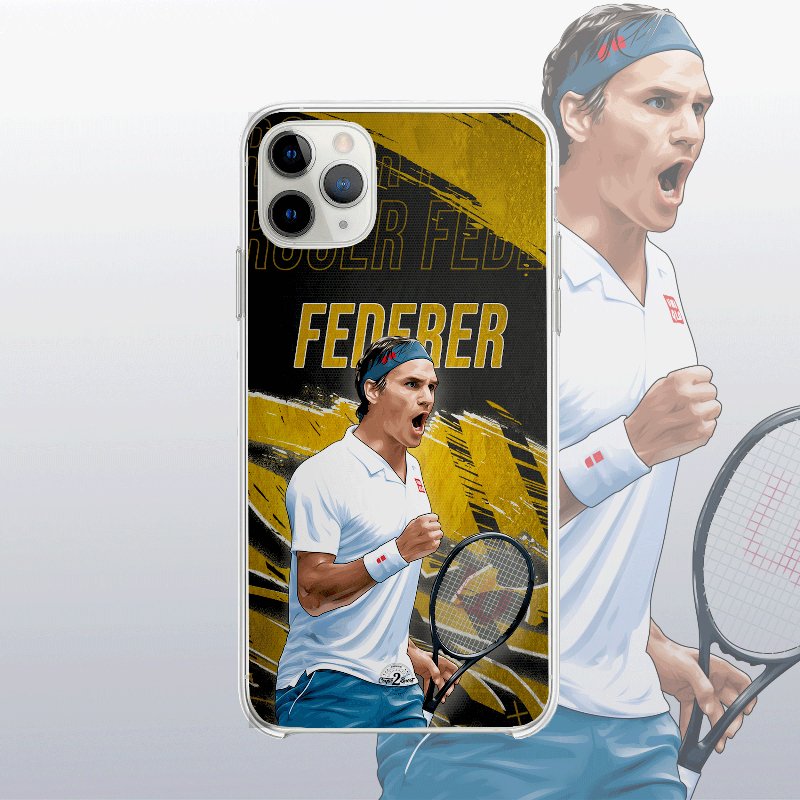 Coque Roger Federer Gold Edition (Roland-Garros) avec fond légendaire, hommage à sa performance à Paris.