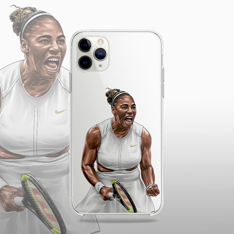 Coque transparente Serena Williams avec silhouette épurée de la joueuse, look minimaliste et raffiné.