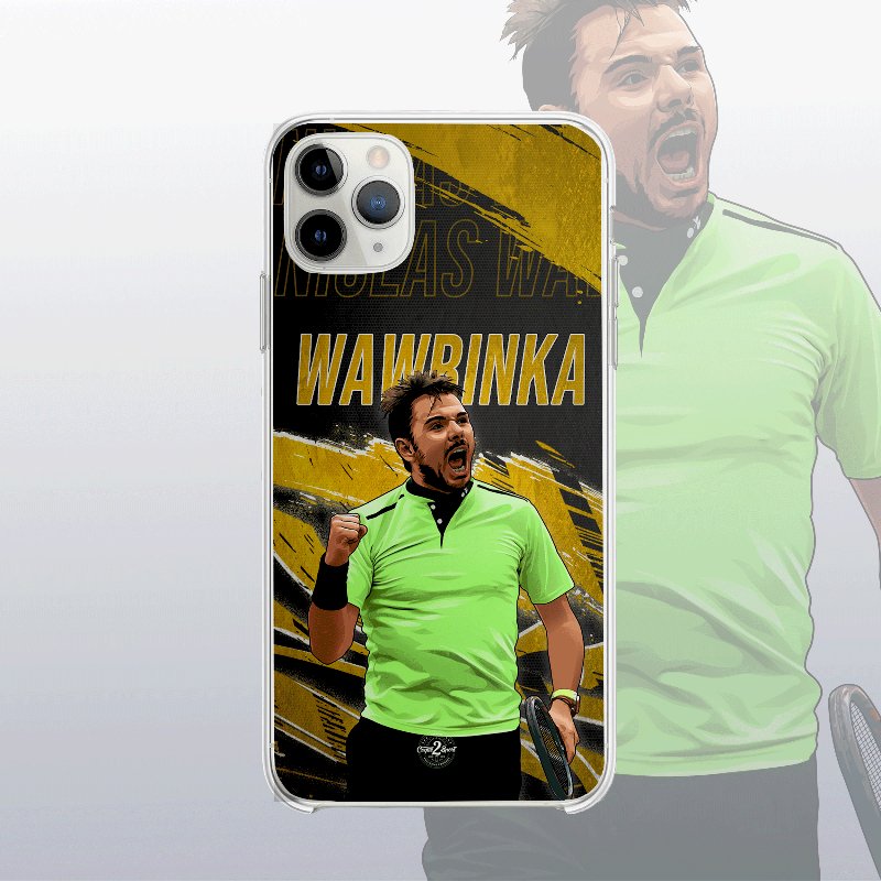 Coque Stanislas Wawrinka Gold Edition avec fond légendaire, inspirée des cartes icônes, design élégant et puissant.